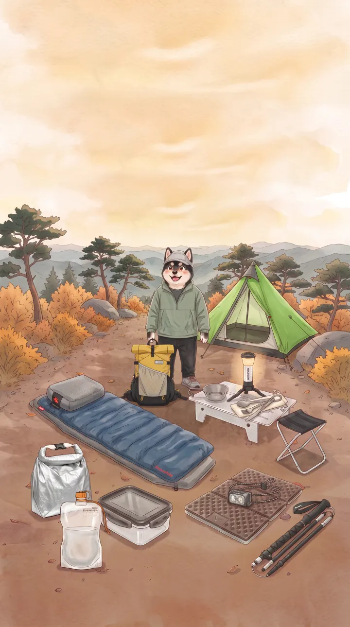산 정상에 경량 장비를 모두 펼친 모습